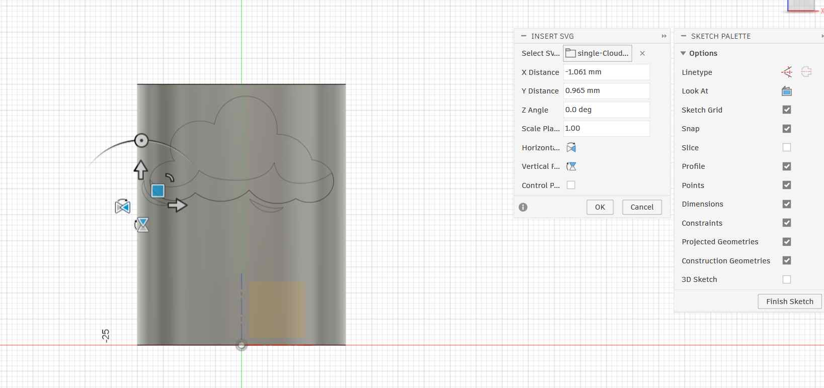 Inserting a cloud SVG onto the cylinder surface in Fusion 360
