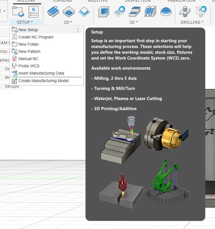Setup dropdown menu open in Fusion 360 with New Setup selected
