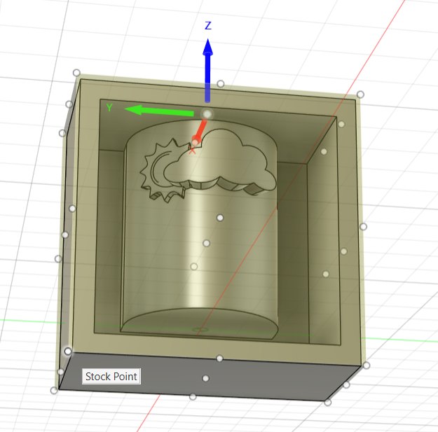 Fusion 360 setup showing mould inside stock bounding box with WCS origin at top