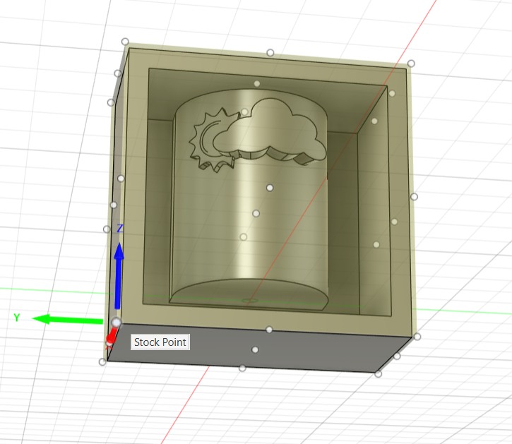 Fusion 360 setup with WCS origin repositioned to the bottom-left corner of the stock