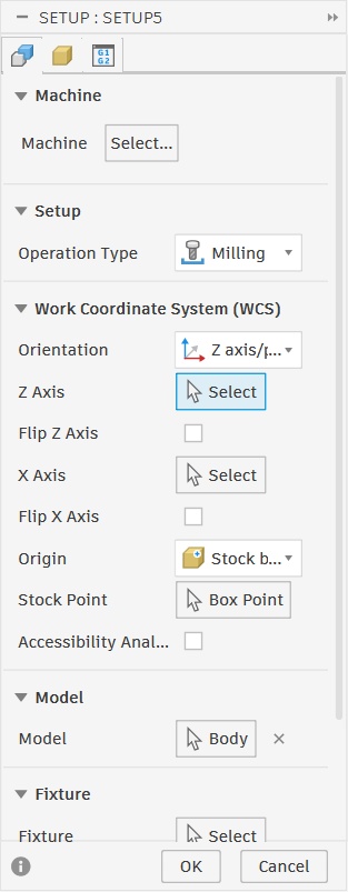 Fusion 360 Setup panel showing WCS, machine, and model settings