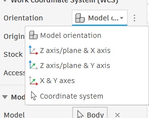 Orientation dropdown showing axis selection options in Fusion 360 Setup