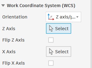 WCS section showing Z Axis and X Axis Select buttons after choosing Z axis/plane and X axis orientation