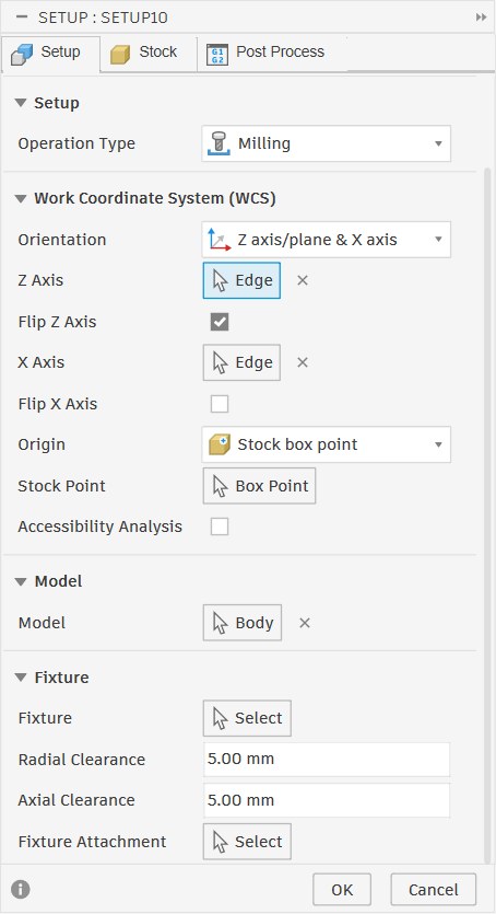 Completed Setup tab showing Z axis edge, flip Z checked, X axis edge, origin stock box point