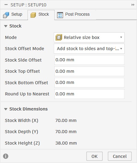 Stock tab showing 70x70x38mm stock dimensions with zero offsets