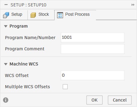 Post Process tab showing program number 1001 and WCS offset 0