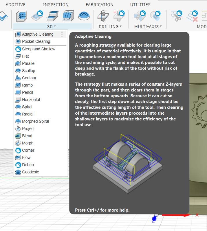 3D Adaptive Clearing selected in Fusion 360 Manufacture toolbar
