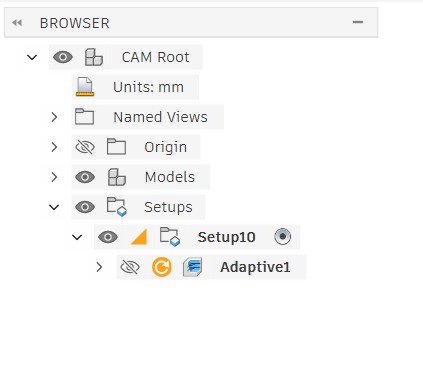 CAM browser showing Adaptive1 operation under Setup10