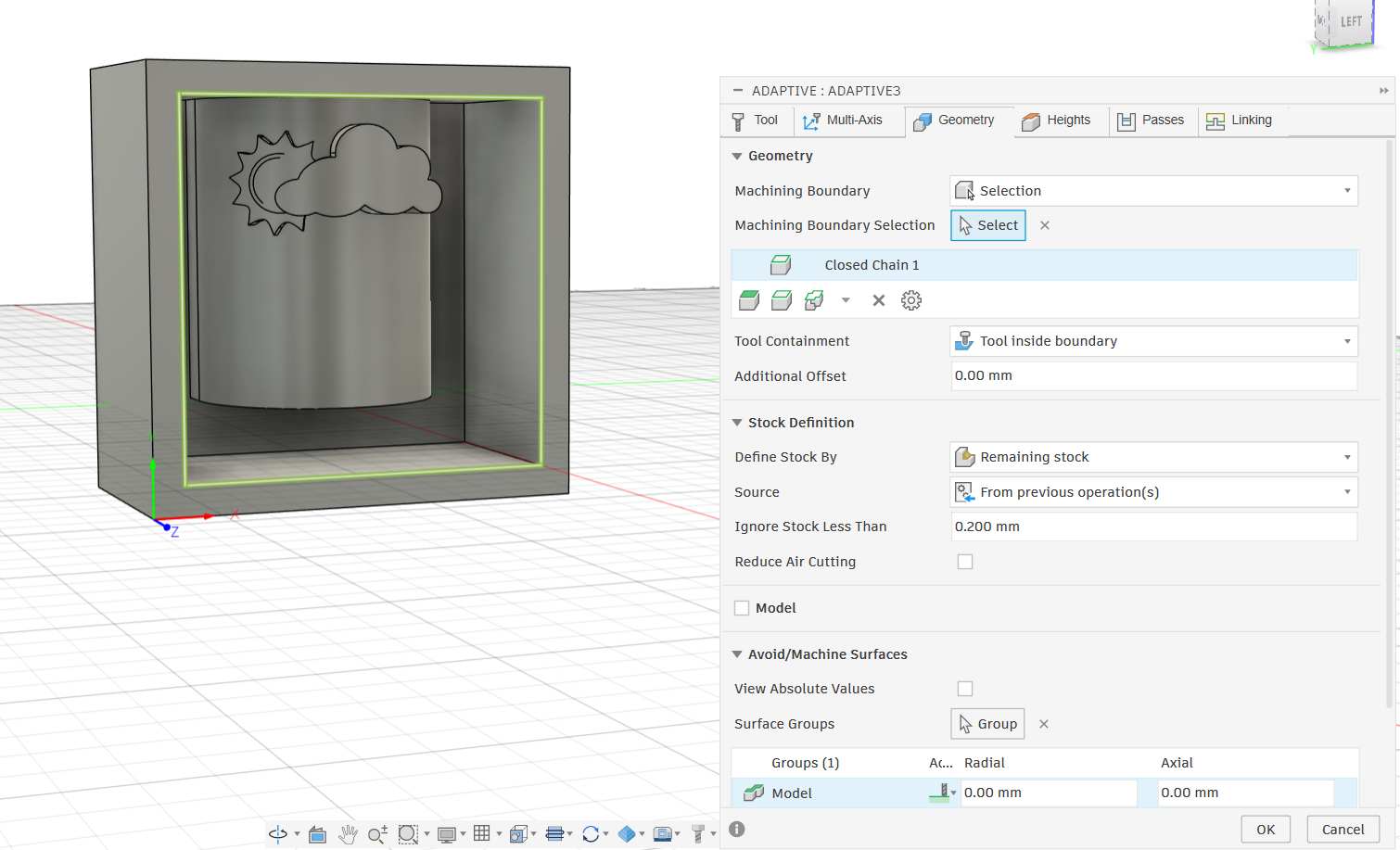 Geometry tab showing machining boundary selection and stock definition settings