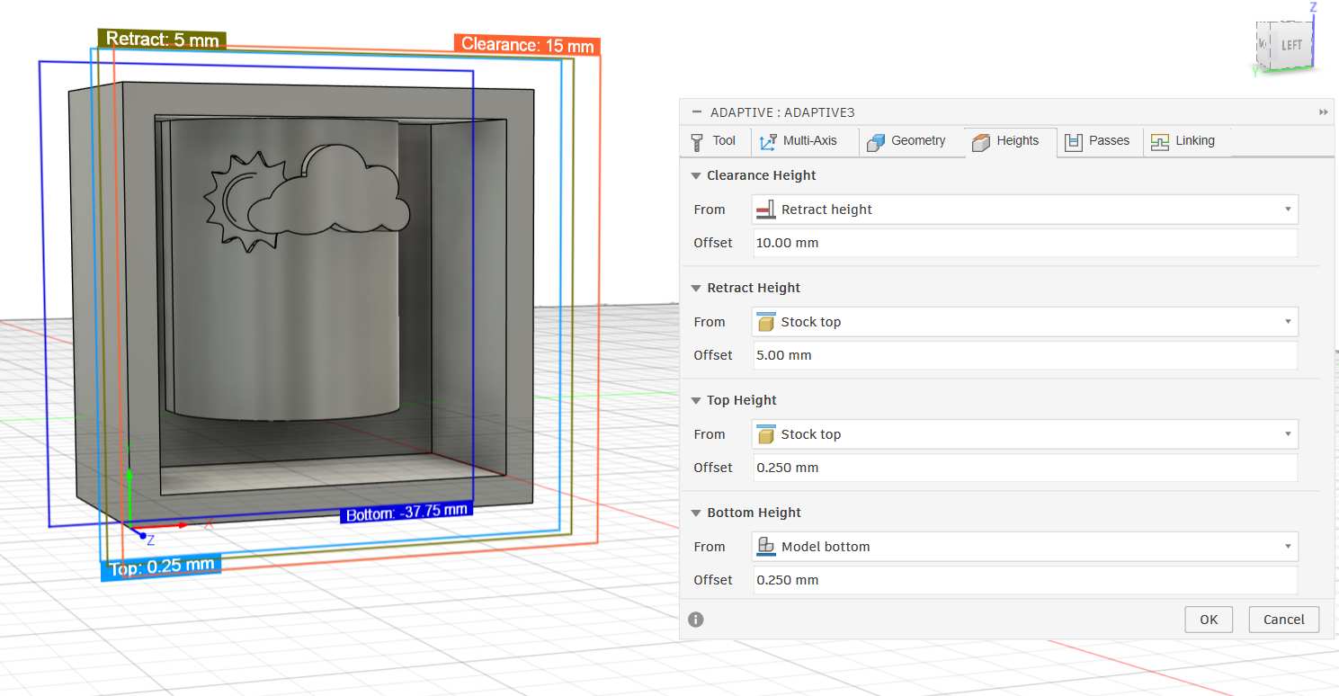 Heights tab with clearance, retract, top and bottom heights shown on the 3D model