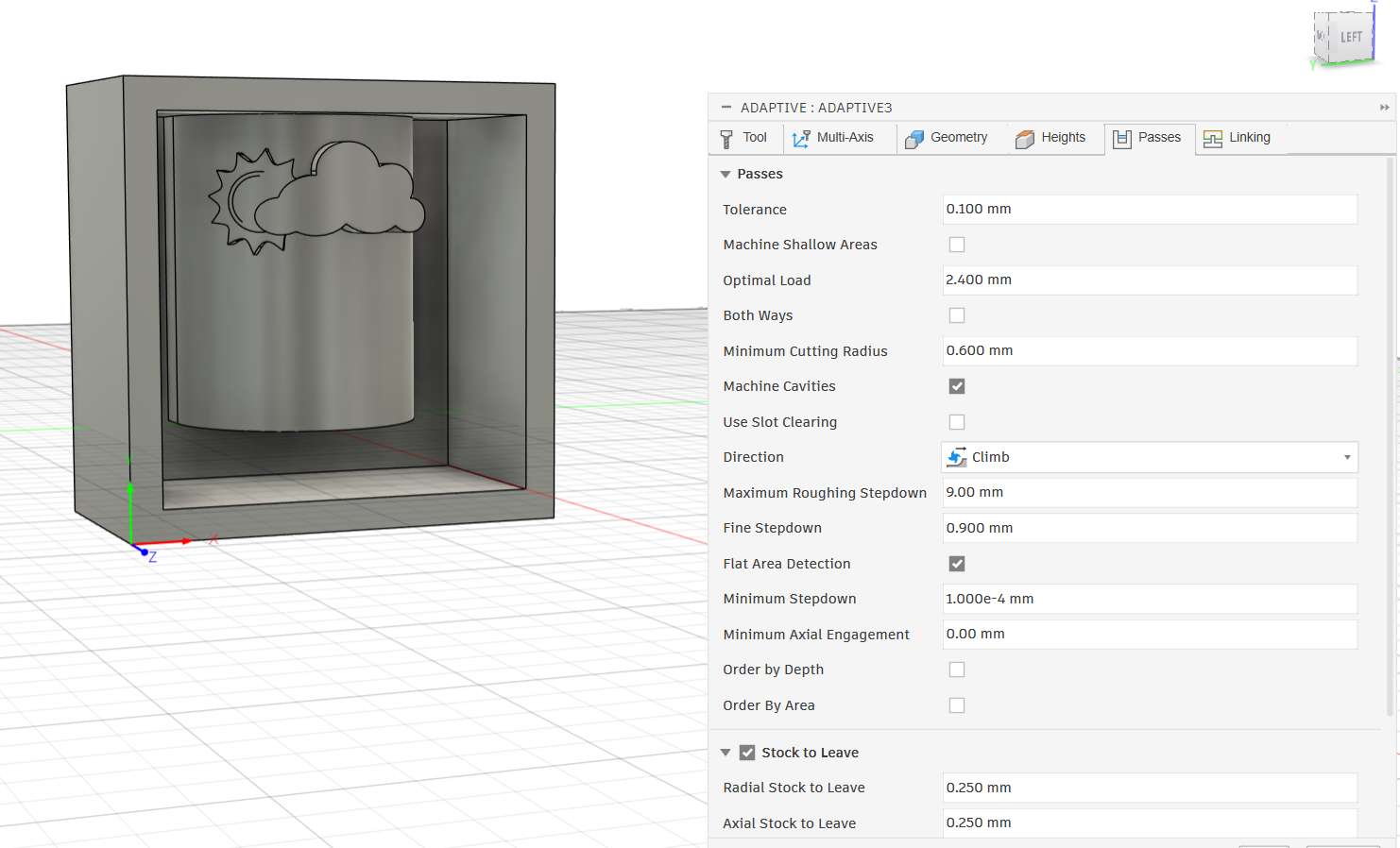 Passes tab showing stepdown, optimal load, direction and stock to leave settings