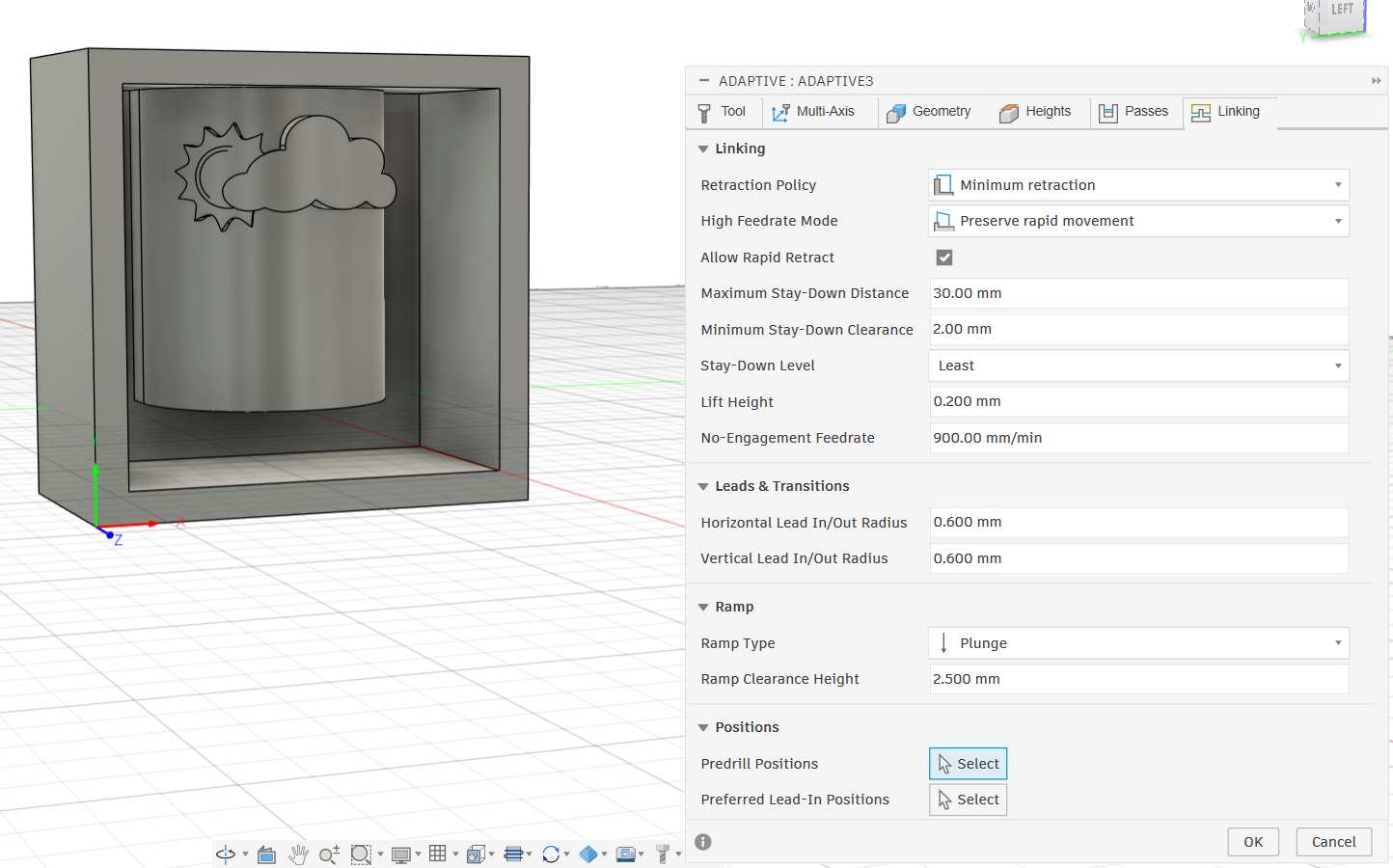 Linking tab showing retraction policy, stay-down distance, lift height and ramp settings