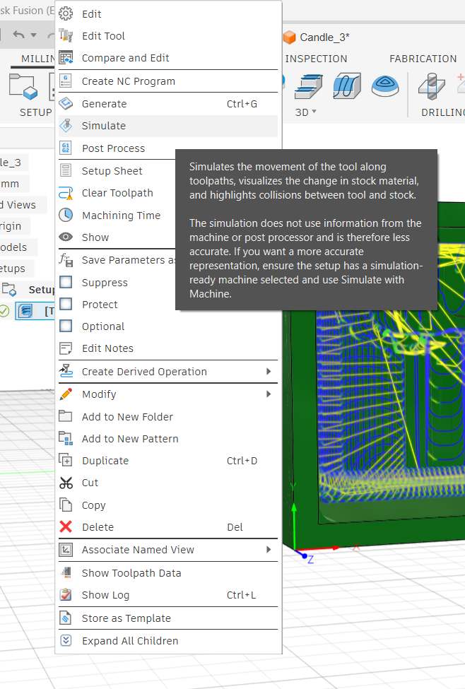 Right-click context menu on the Adaptive Clearing operation showing Simulate option with tooltip