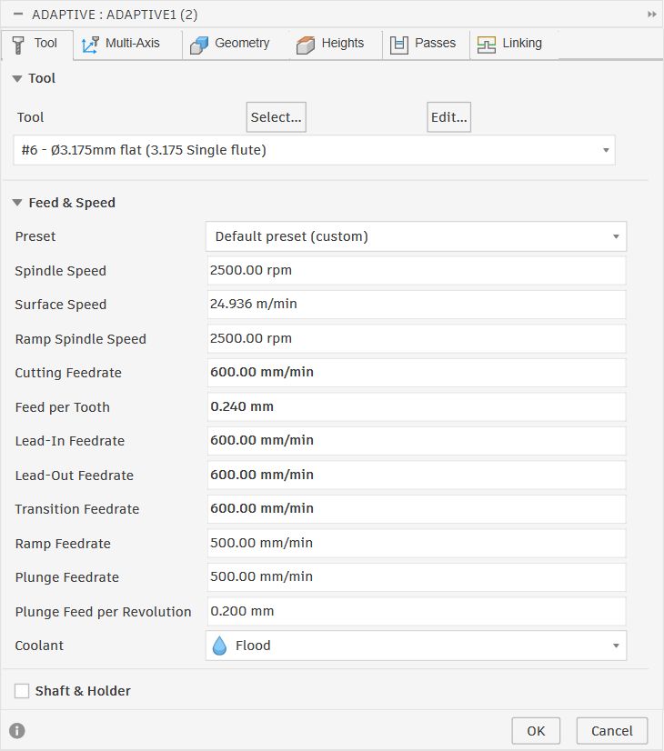 Tool tab for second Adaptive Clearing showing tool #6 3.175mm Single Flute with 2500rpm and 600mm/min cutting feedrate