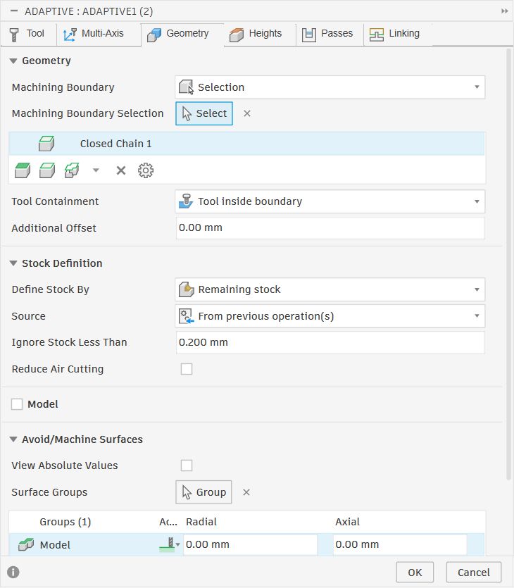 Geometry tab for second Adaptive Clearing showing Closed Chain 1 boundary and remaining stock from previous operations