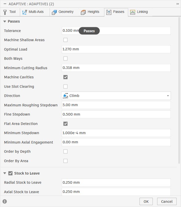 Passes tab for second Adaptive Clearing showing 1.27mm optimal load, 5mm stepdown, climb direction and stock to leave settings
