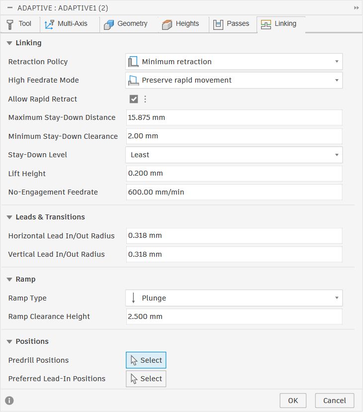 Linking tab for second Adaptive Clearing showing minimum retraction, 15.875mm stay-down distance, 0.318mm lead radii and plunge ramp