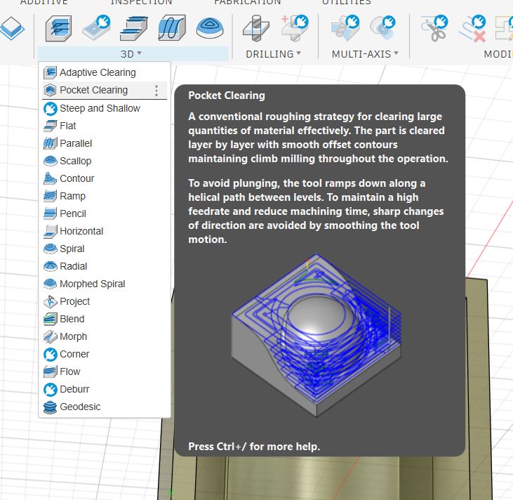 3D Pocket Clearing selected in Fusion 360 with tooltip
