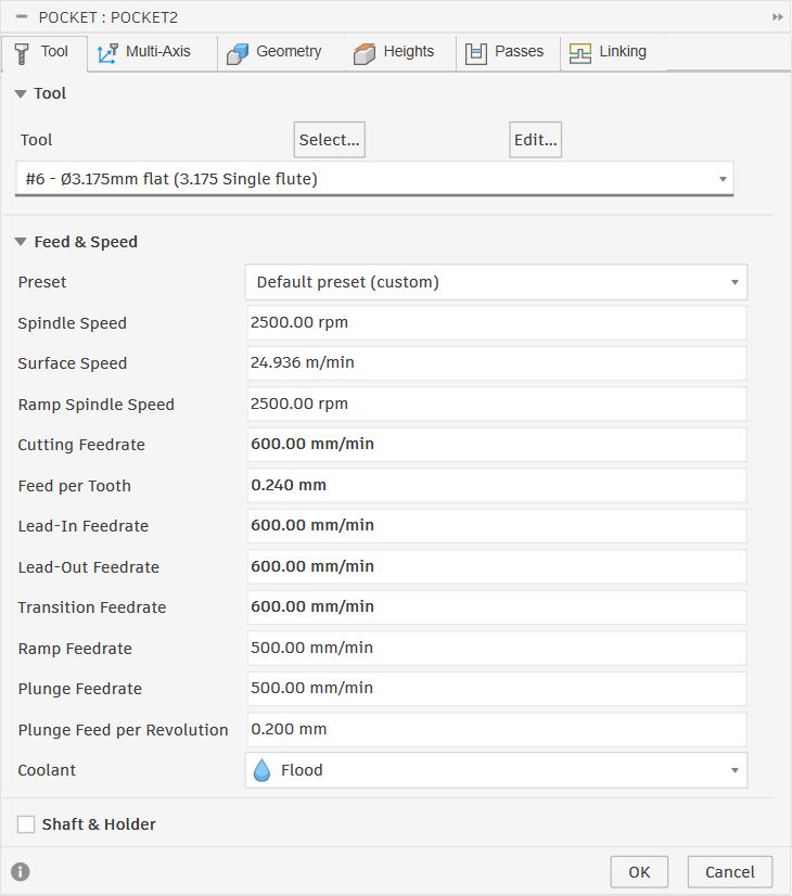 Tool tab for Pocket2 showing #6 3.175mm flat, 2500rpm, 600mm/min
