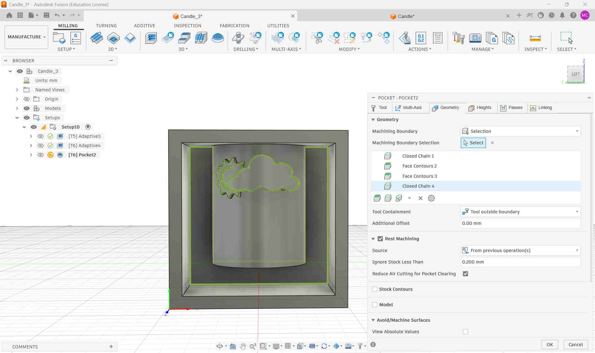 Pocket Clearing Geometry tab showing four selected boundaries around the decoration edges with rest machining enabled
