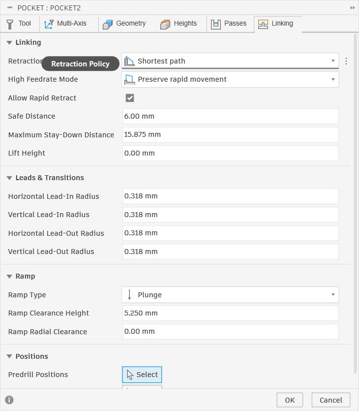 Linking tab for Pocket2 showing shortest path retraction, 15.875mm stay-down, 0.318mm lead radii