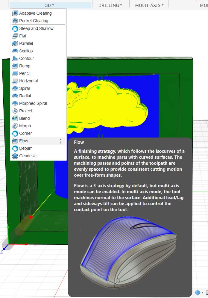 3D Flow selected in Fusion 360 with tooltip explaining isocurve-based finishing strategy