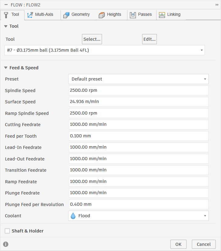 Tool tab for Flow2 showing #7 3.175mm ball end mill, 2500rpm, 1000mm/min