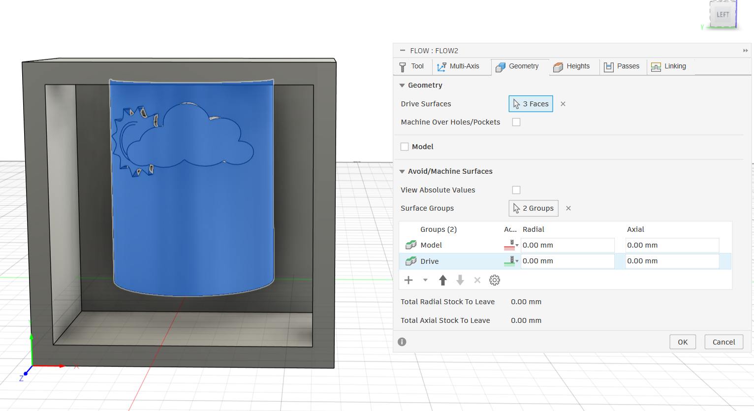 Flow Geometry tab showing 3 drive surfaces selected on the curved candle faces, 0mm stock to leave