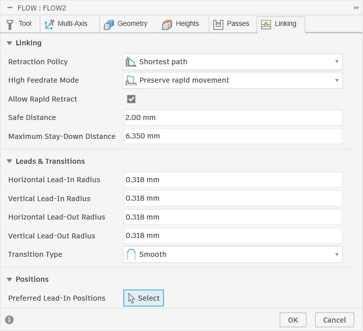 Linking tab for Flow2 showing shortest path, 6.35mm stay-down, smooth transition type