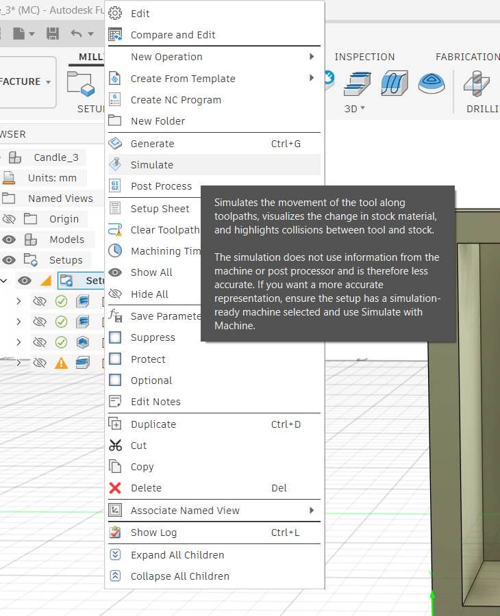 Right-clicking Setup10 in the CAM browser with Simulate highlighted to run all operations together