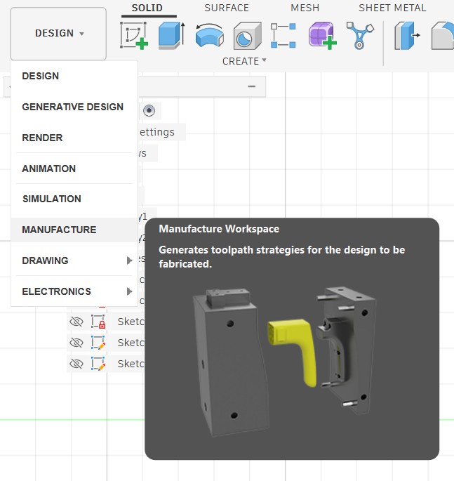 Switching to the Manufacture workspace in Fusion 360