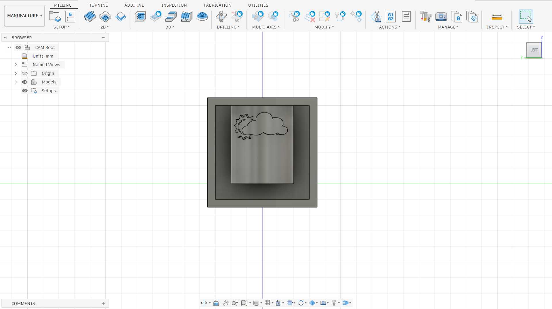 Manufacture workspace in Fusion 360 with the mould model loaded