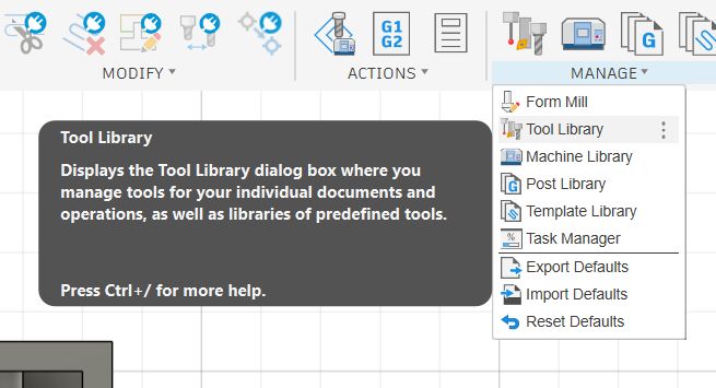 Opening the Tool Library from the Manage menu in Fusion 360