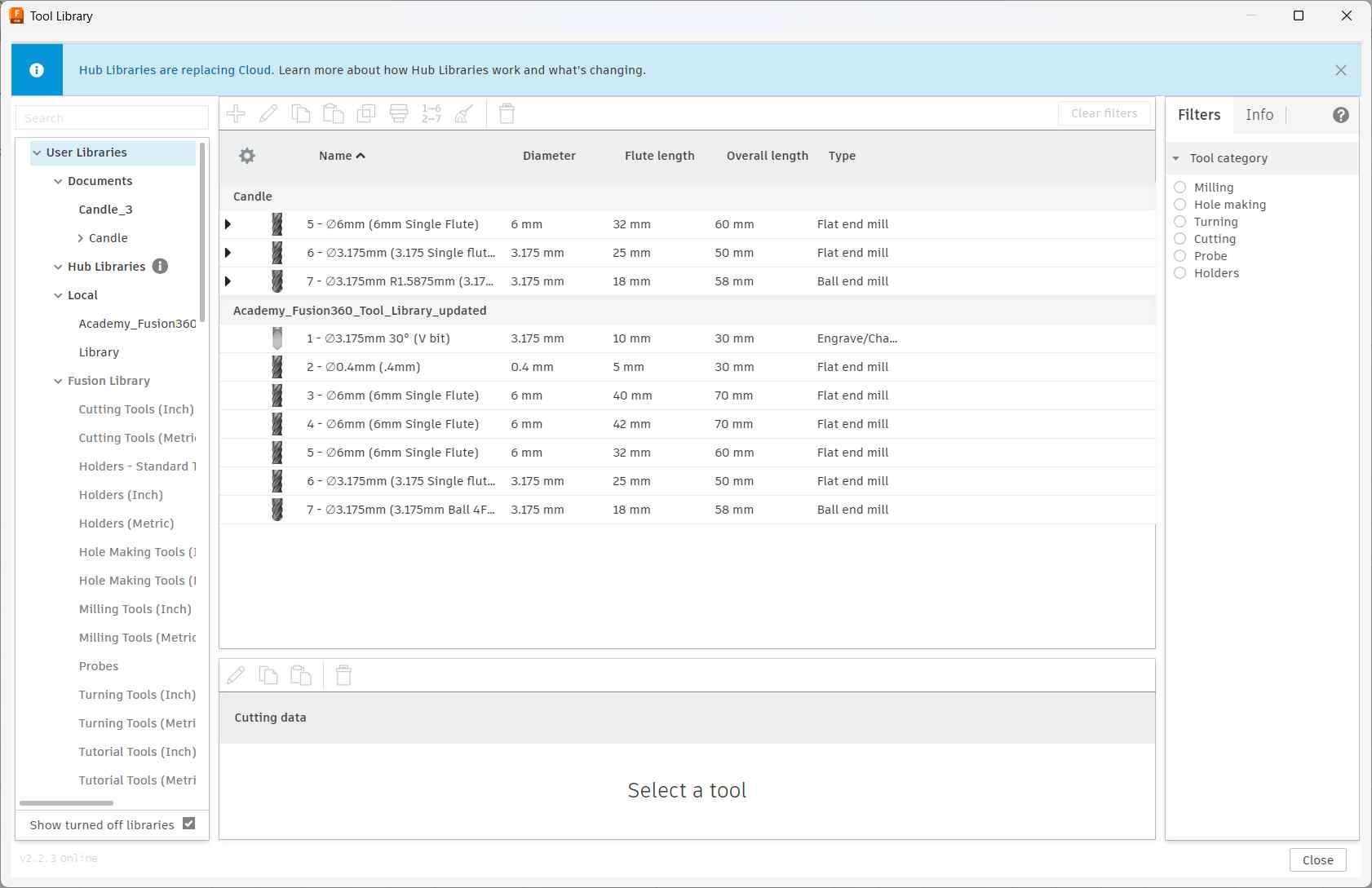 Tool Library dialog showing the Academy_Fusion360_Tool_Library_updated with all available tools