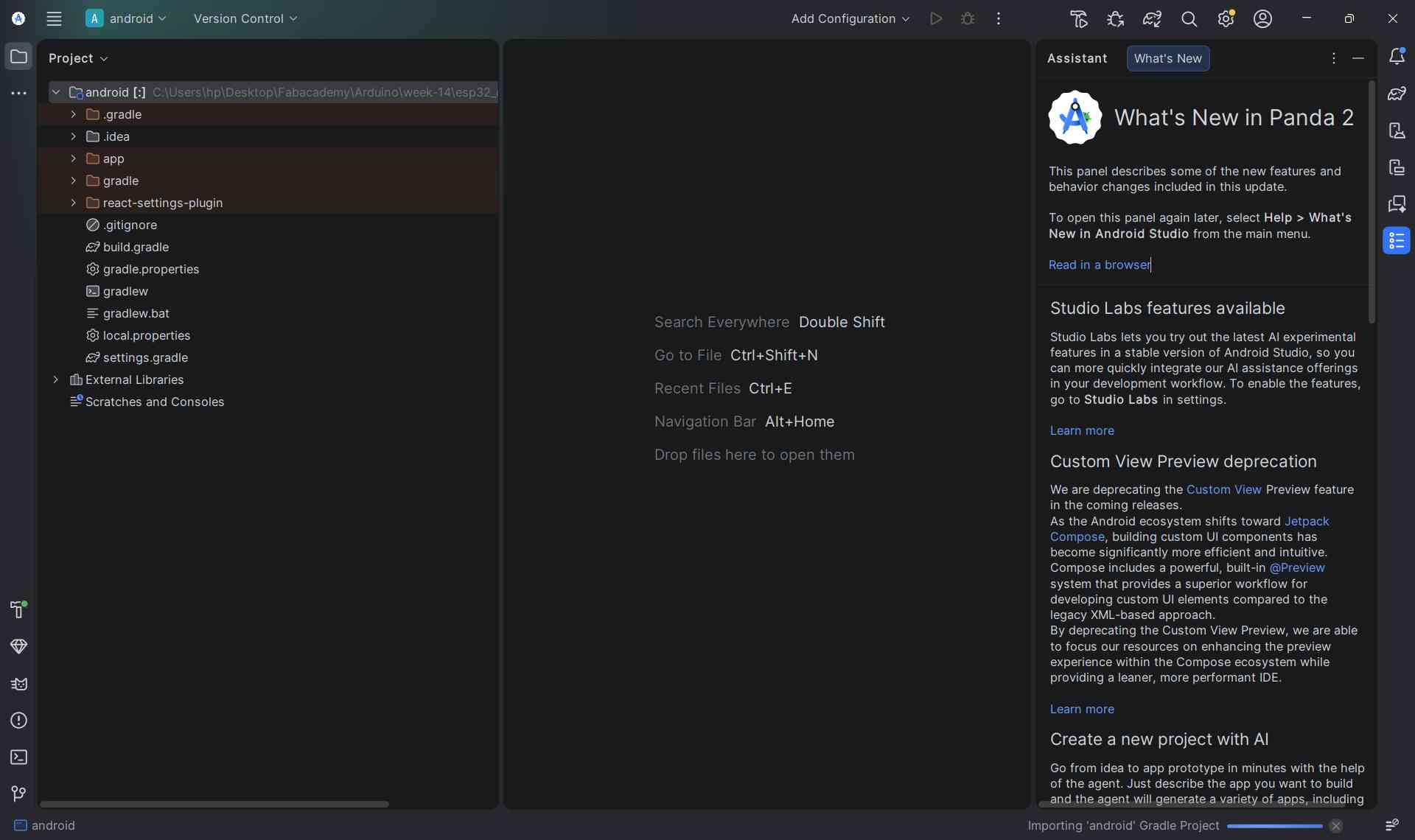 Android Studio with the android folder open