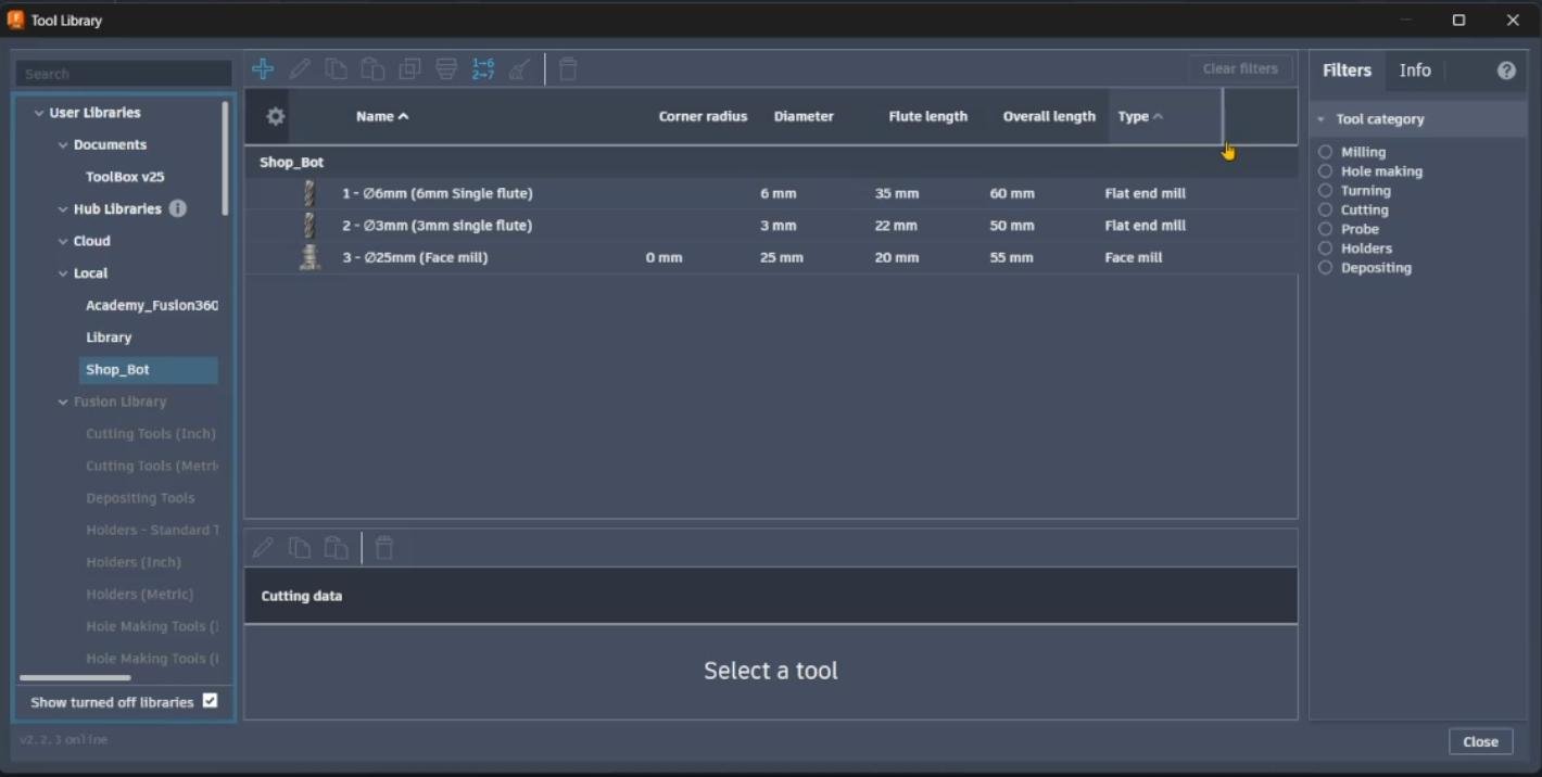 ShopBot tool library setup