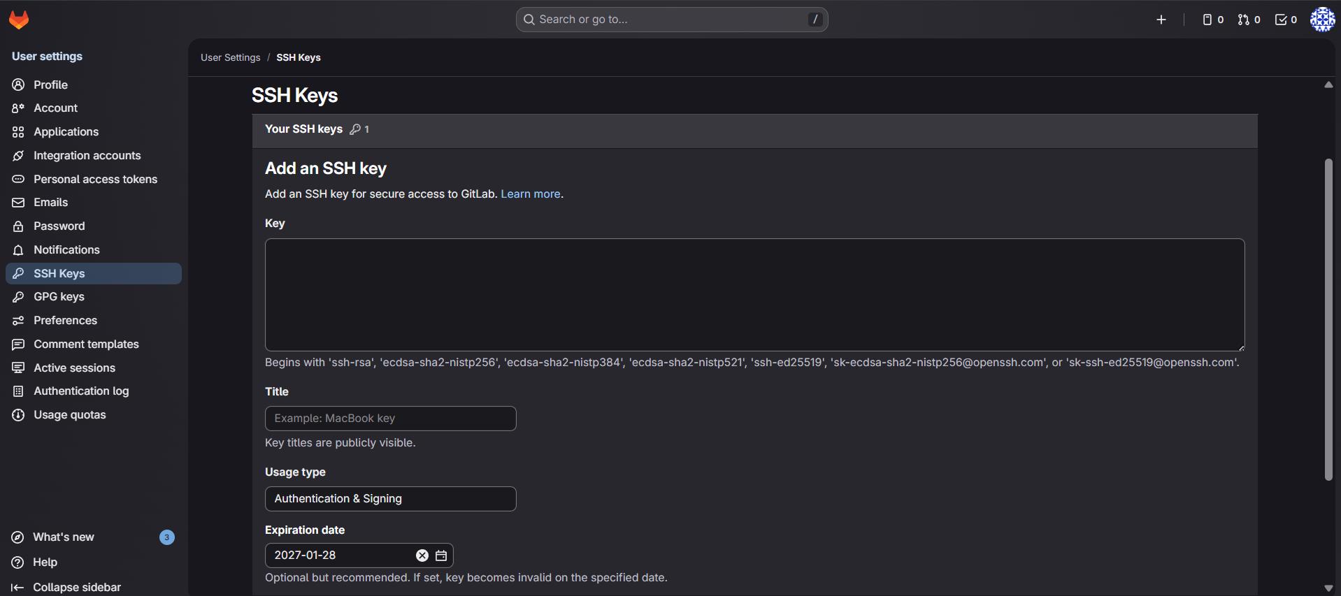 GitLab SSH Keys page