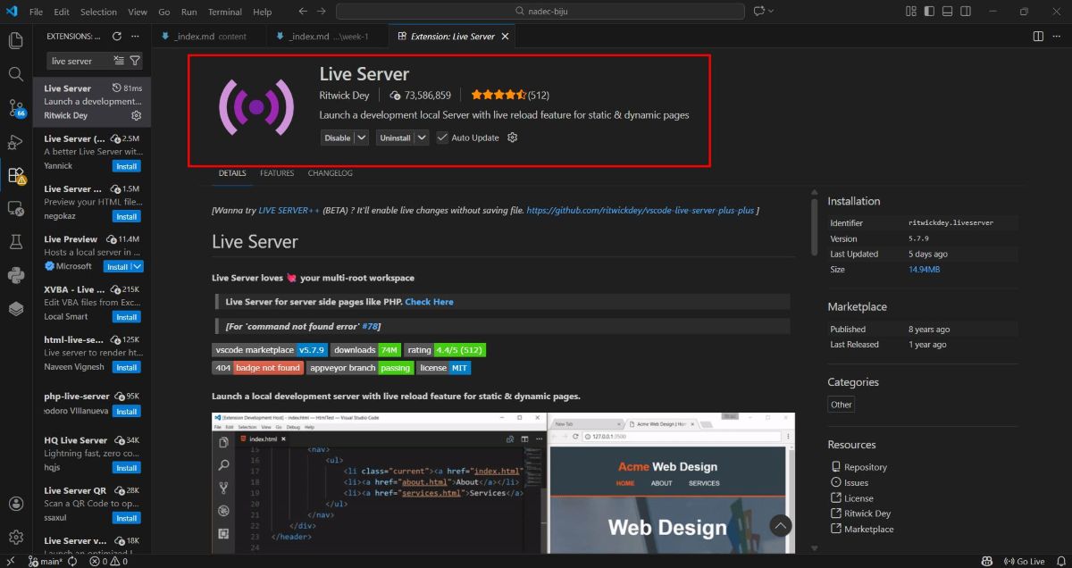 VS Code Extensions showing Live Server