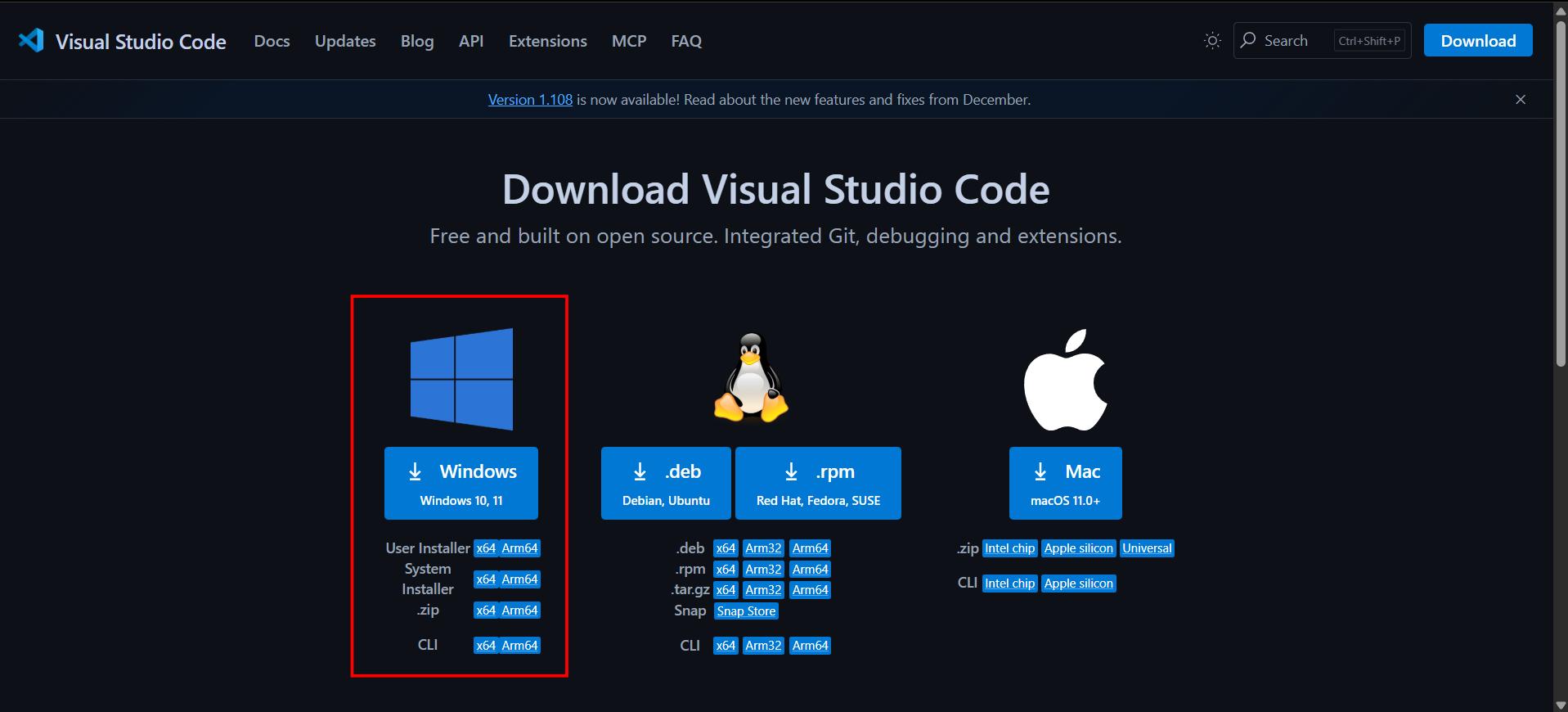 VS Code download page