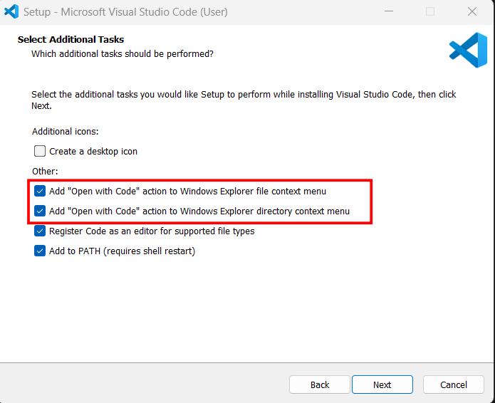 VS Code installer with checkbox