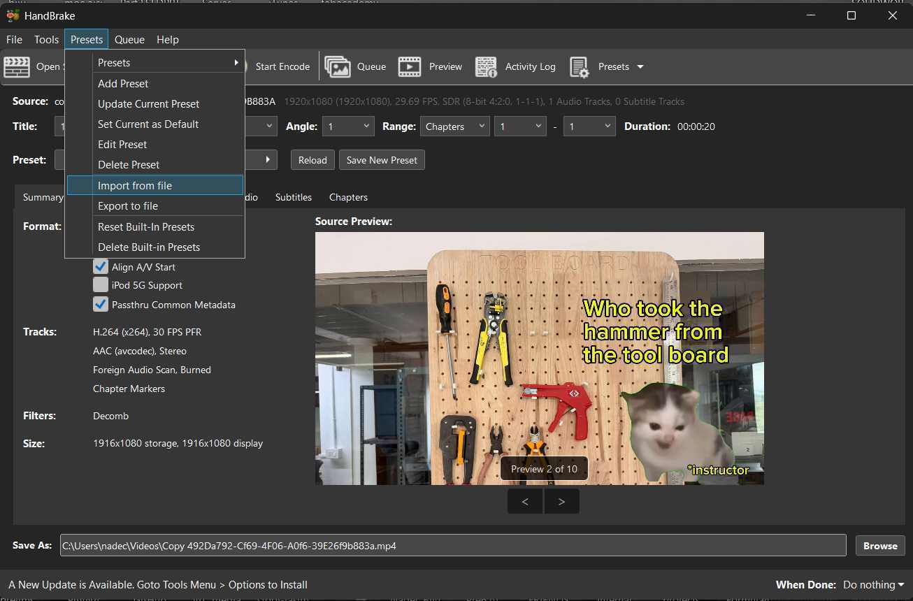 HandBrake preset import