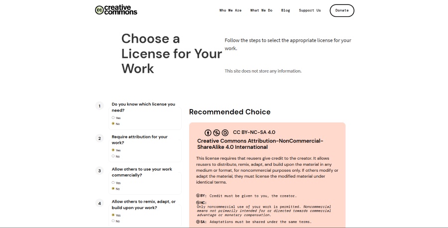 CC chooser — picking the license options