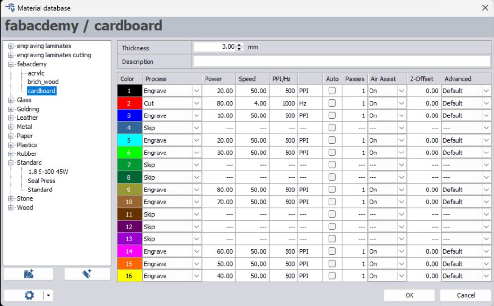 Trotec Job Control - cardboard power and speed values