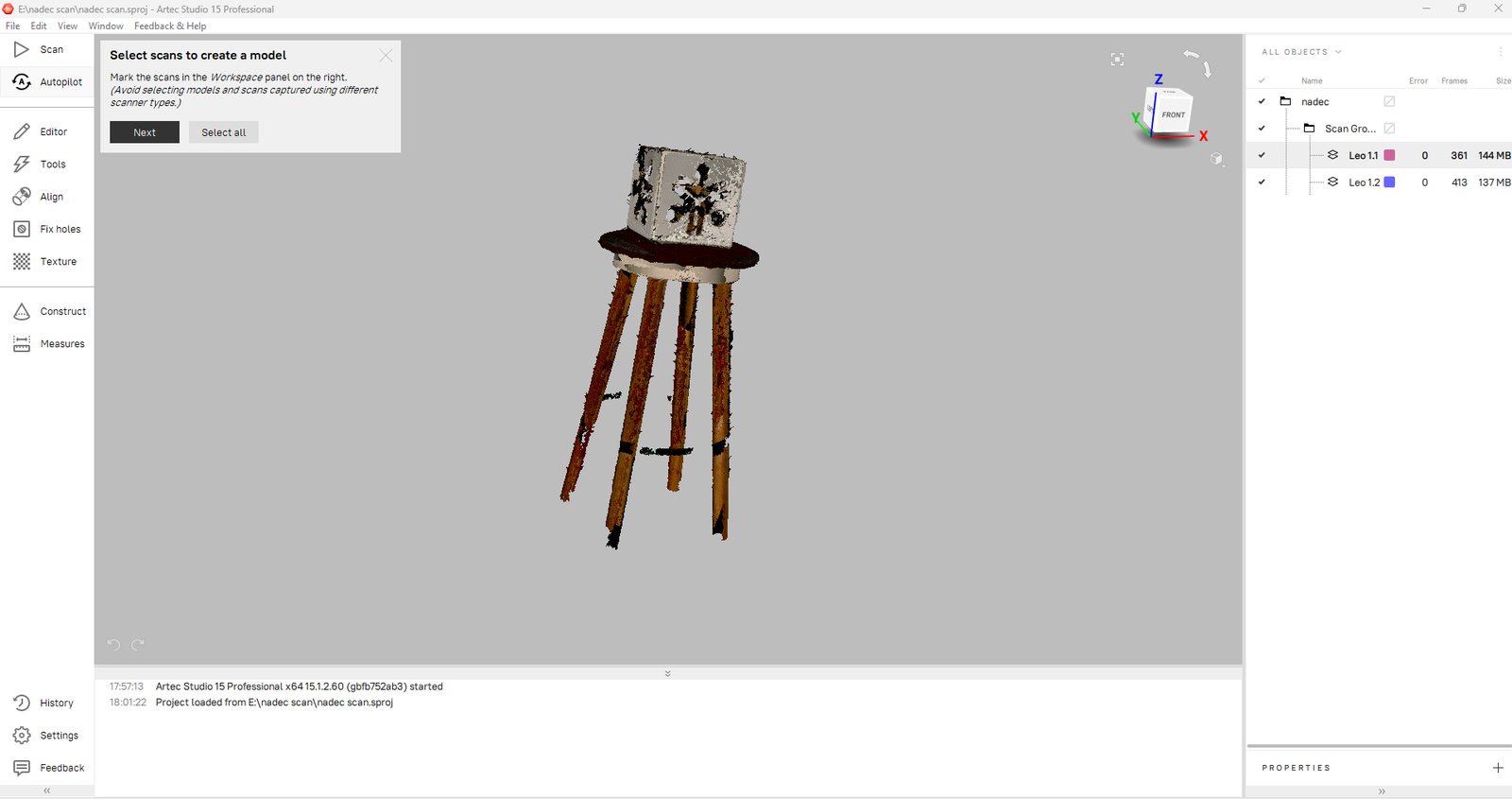 Artec Studio Step 3 - selecting scans