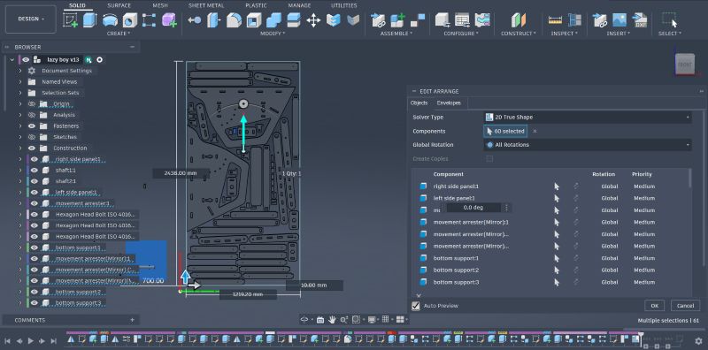 Fusion 360 Arrange dialog — selecting bodies and the layout plane