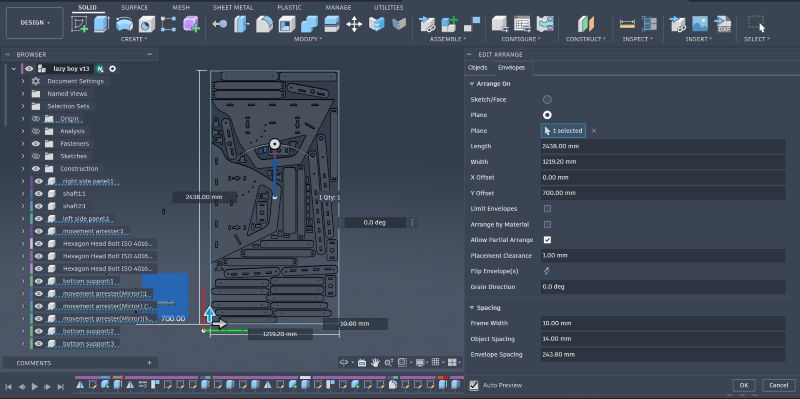 Fusion 360 Arrange result — all parts auto-packed flat on the sheet