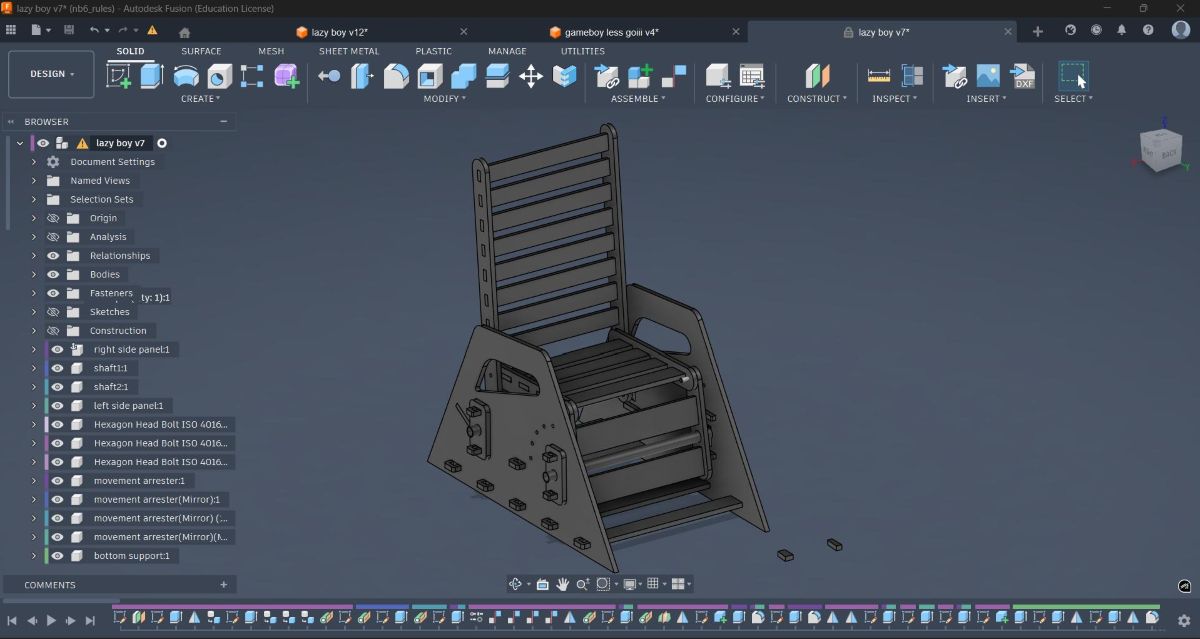 Fusion 360 full assembly — the complete recliner model in 3D