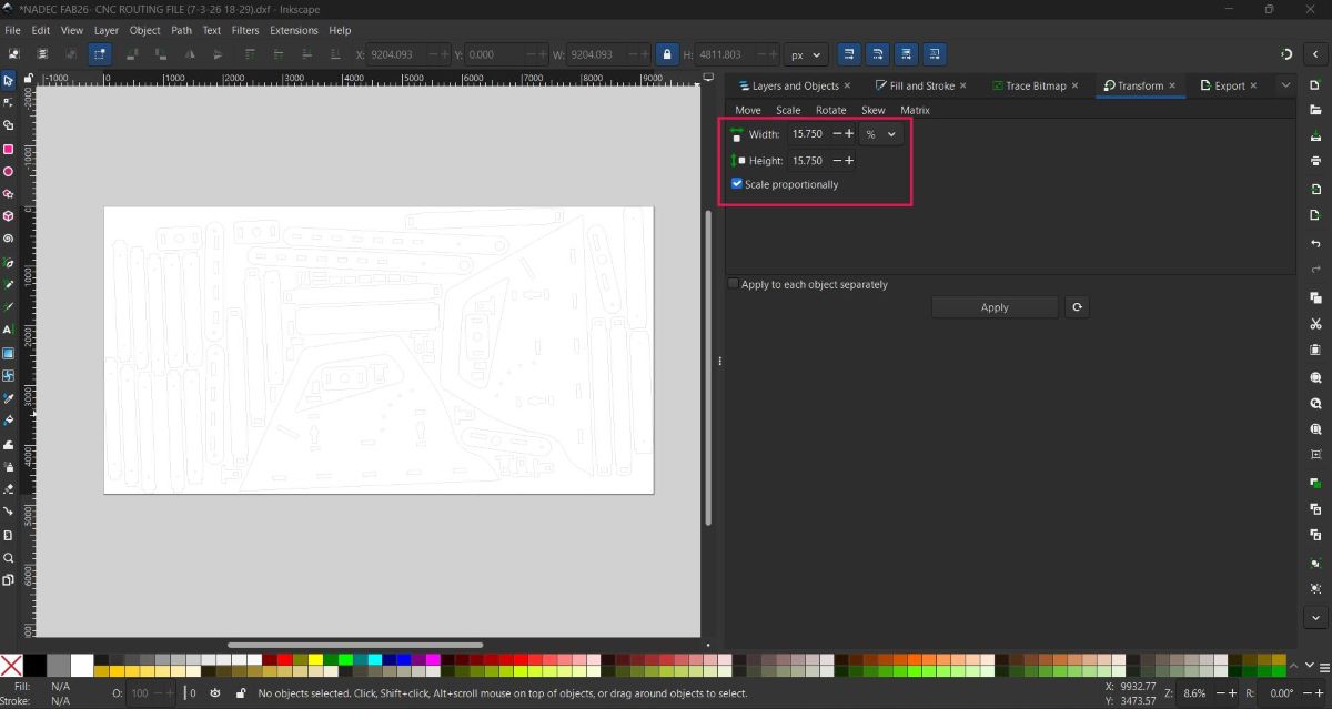 Using Inkscape&rsquo;s Transform → Scale to resize the DXF