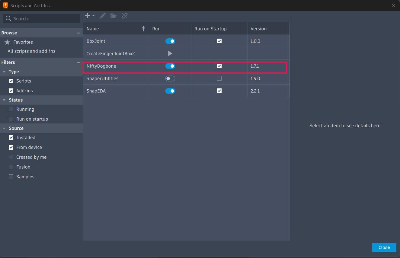 Nifty Dogbone add-in enabled in Fusion 360