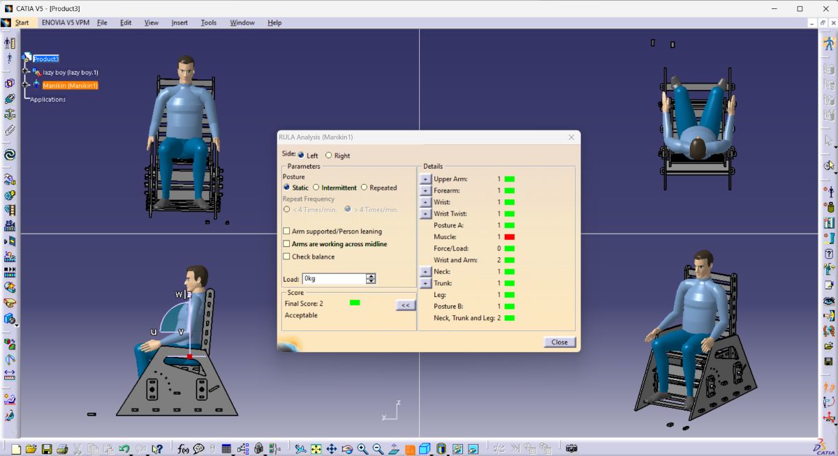 CATIA RULA analysis — upright seated position showing the posture score